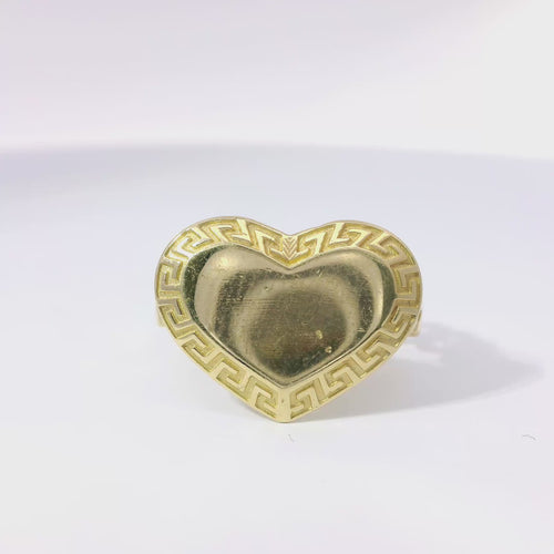 14KT Gold Ring Women's Wide Engravable Heart with Greek Border and Cuban Link Band