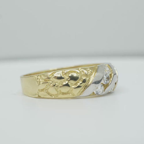 14KT Gold Ring Women's Two Tone Nugget Band with Two Rows of Three White CZ Stone Plain Border