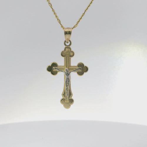 14KT Gold Charm Extra Small Two Tone Plain Center Club Ends Crucifix Cross with Plain Bell