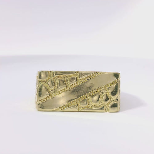 14KT Gold Ring Men's Rectangle Nugget with Engravable Diagonal Plain Stripe Center Line Dotted Borders Center and Nugget Band