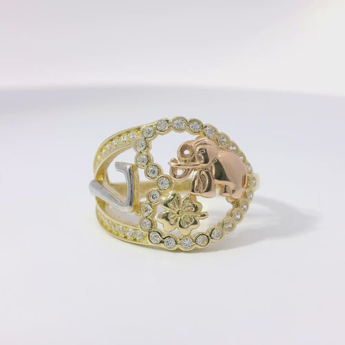 14KT Gold Ring Women's Tri Tone Good Luck Heart Lasso with White Gold Seven, Rose Gold Elephant, Gold Clover with White CZ Stones Open Heart Shape Border Band