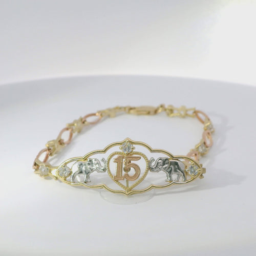14KT Gold Bracelet Women's Tri Tone "15" Good Luck Quinceanera Center Three Round White CZ Stone and Two Elephants in Center Plaque with Alternating White CZ Stone / Eye Shape Band 4.5mm