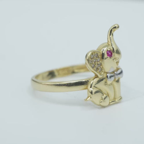 14KT Gold Ring Women's Two Tone Elephant White CZ Stones Ear Dark Pink CZ Stone Eye Plain Band