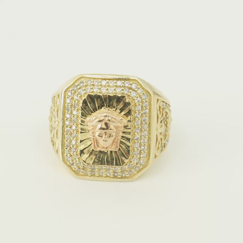 14KT Gold Ring Men's Two Tone Rectangle Raised Medusa Head with Sunray Background and Double Row White CZ Stone Border Band Design Raised Reins and Saddle