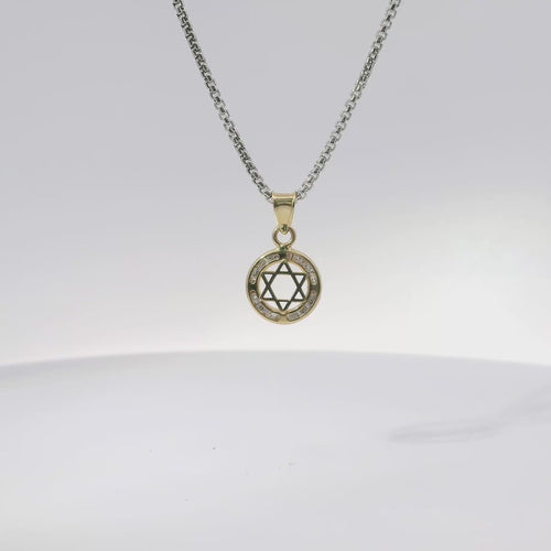 14KT Gold Charm Mini Round Open Star of David Center with White CZ Stone Border and Plain Bell