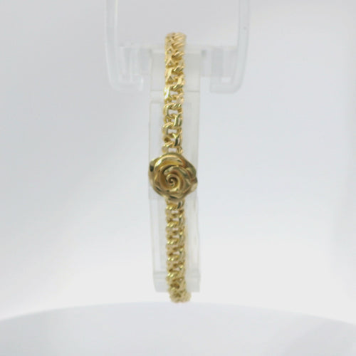 14KT Gold Bracelet Women's Single Charm Rose with Chino Link Band and Plain White CZ Stones Box Clasp