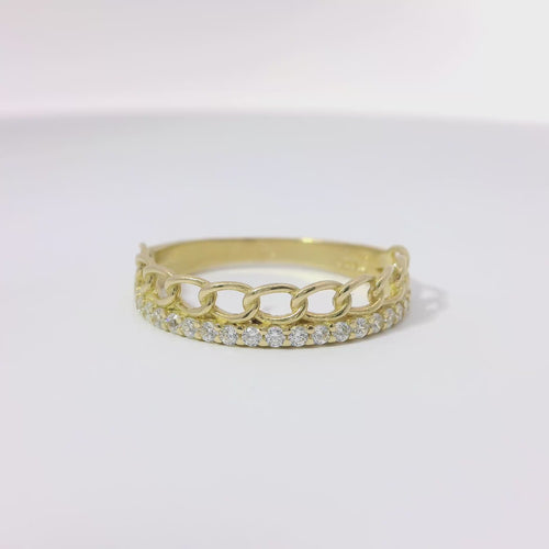 14KT Gold Ring Women's Light Weight One Chain Link and One White CZ Stone Row Band
