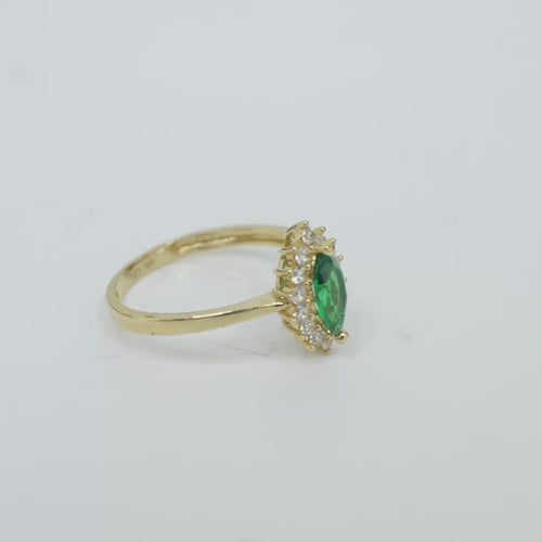 14KT Gold Ring Women's Flower Dark Green Marquise Center CZ Stone with White CZ Stone Petal Borders and Plain Band