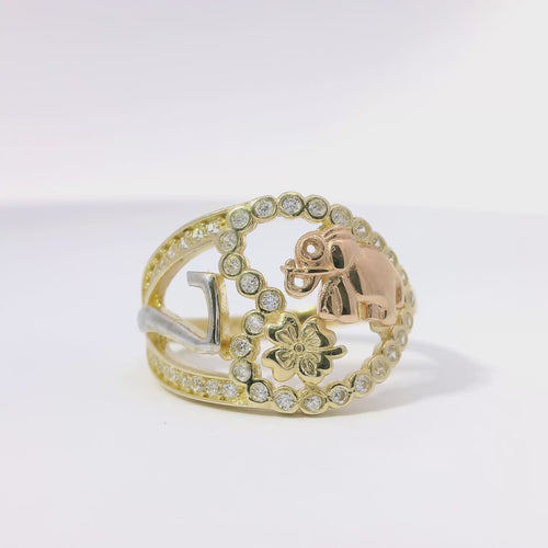 14KT Gold Ring Women's Tri Tone "Lucky Heart" Heart Shape with Open Split White CZ Stones Band "7" Center with Flower