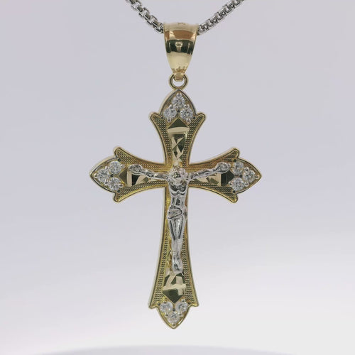 14KT Gold Charm Large Flare End Cross with White CZ Stones Tips and Two Tone Jesus Crucifix Center and Plain Bell