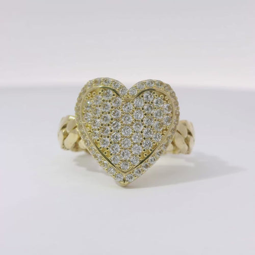 14KT Gold Ring Women's Heart Shape White CZ Stone Center Plain Outline White CZ Stone Border Cuban Link Band