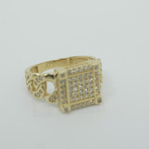 14KT Gold Ring Women's Square Five Row Cluster White CZ Stone Center Plain Outline White CZ Stones Border / Corners / Edge with White CZ Stone Cuban Link Band