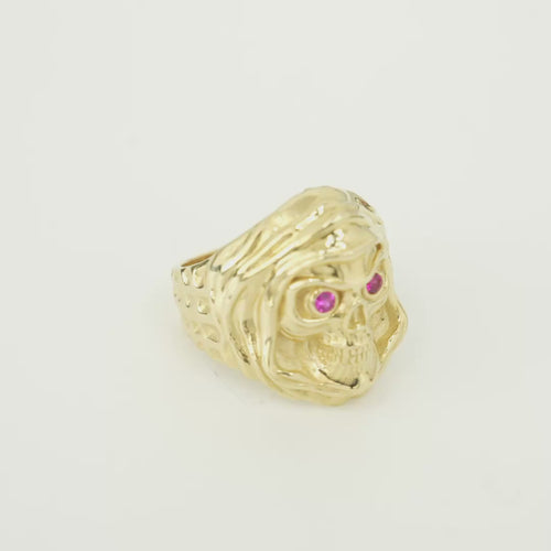 14KT Gold Ring Men's Grim Reaper with Red CZ Stones Eyes