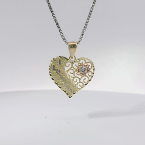 14KT Gold Charm Jumbo Tri Tone Flat "I Love You" Heart with White CZ Stone Right Side Flower and Plain Bell