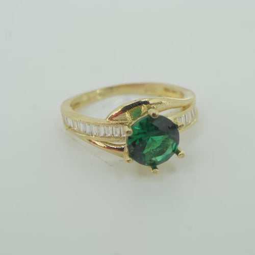 14KT Gold Ring Women's Round Dark Green CZ Center Stone and Single Row White CZ Baguettes with "S" Band