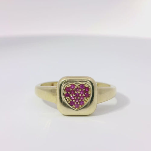 14KT Gold Ring Women's Dark Pink CZ Stones Heart Cluster Center with Square Puff Border and Plain Band