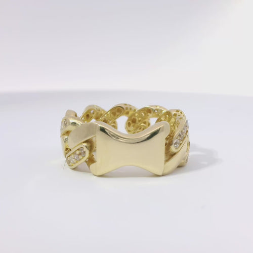 14KT Gold Ring Women's Jumbo White CZ Stones Cuban Link Band