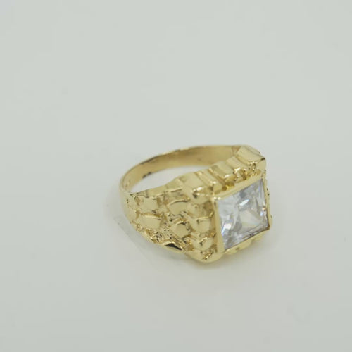 14KT Gold Ring Men's Square White CZ Center Stone Plain Border with Nugget Band