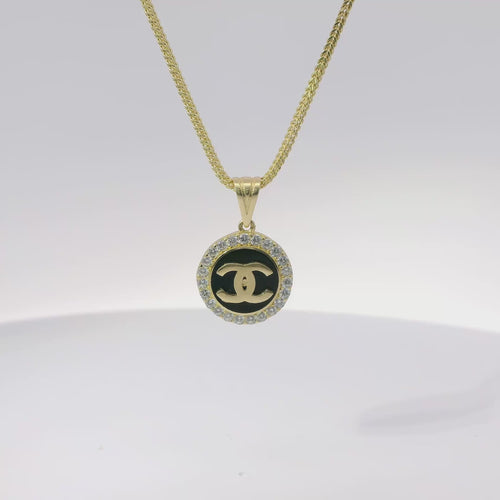 14KT Gold Charm Extra Small CC Coin with Black Enamel Center, White CZ Stone Border, and Plain Bell