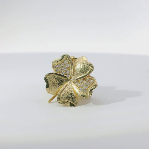 14KT Gold Earrings Medium Five White CZ Stones Petal Flower with Plain Border, Push Back Post, and Butterfly Backs