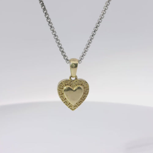 14KT Gold Charm Extra Small Engravable Greek Border Heart with Plain Bell