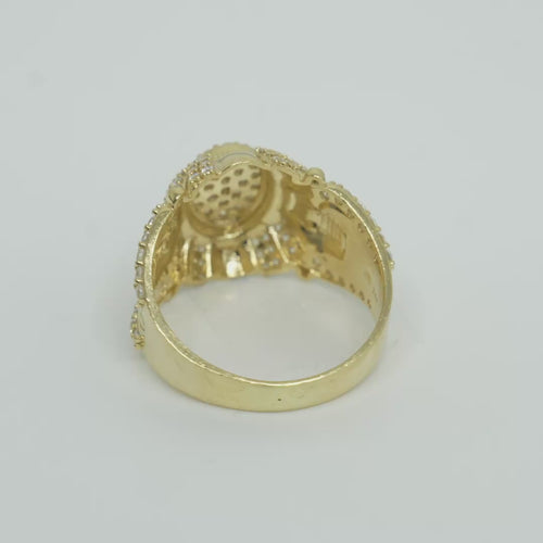 14KT Gold Ring Men's Oval White CZ Stone Platform Plain Border Corner Edge Design Four Triple Row White CZ Stones Band Ladder with White CZ Stone Border