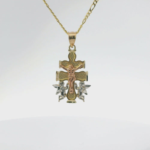 14KT Gold Charm Extra Small Tri Tone Caravaca Crucifix Cross with Rounded Base and Plain Bell