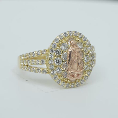 14KT Gold Ring Women's Two Tone Oval Coin Virgin Mary Coin White CZ Stones Background with White CZ Stones Double Split Band