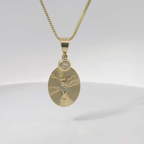 14KT Gold Charm Medium Two Tone Oval Crucifix Sunray Coin with White CZ Stones Top and Plain Bell