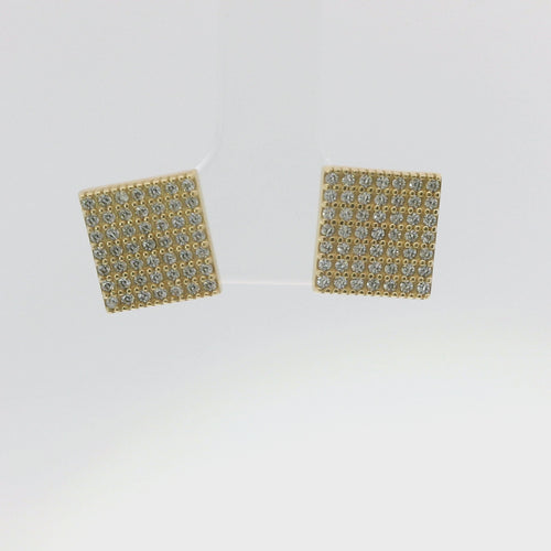 14KT Gold Earring Small Square White CZ Stones Cluster with Push Back Post and Butterfly Backs