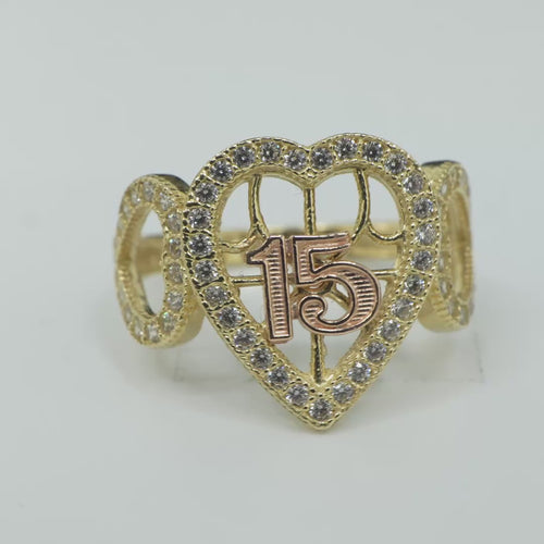 14KT Gold Ring Women's Two Tone "15" Quinceanera Open Basketball Heart Center Triple Open Hearts with Round White CZ Stones Border Plain Band
