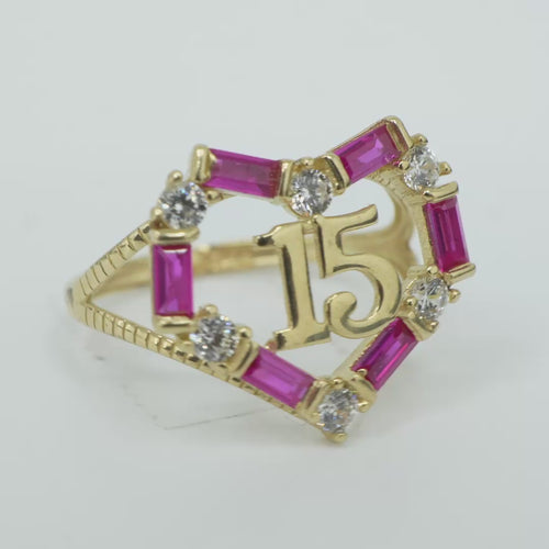 14KT Gold Ring Women's "15" Quinceanera Dark Pink / White CZ Stones Open Heart and Plain Split Band