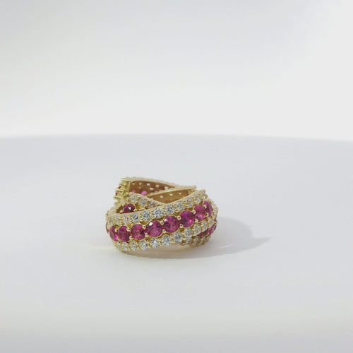 14KT Gold Earring Medium Dark Pink CZ Stones Center with White CZ Stones Border Huggie