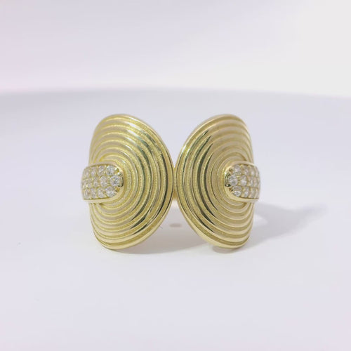 14KT Gold Ring Women's Abstract Music Record Split Band with White CZ Stone Ends