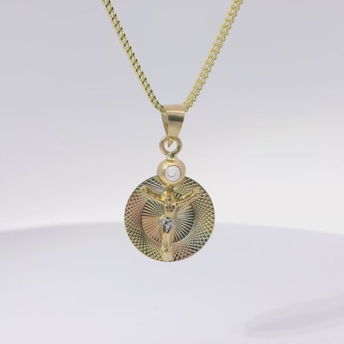 14KT Gold Charm Small Tri Tone Round Graphic Background Crucifix Coin with White CZ Stone Top and Plain Bell