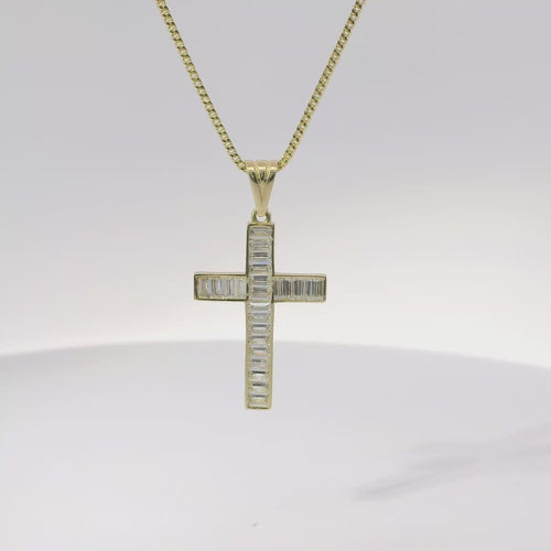 14KT Gold Charm Medium Baguette CZ Stone Cross with Plain Bell