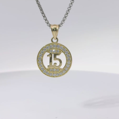 14KT Gold Charm Small Round Quinceanera "15" Open Center with White CZ Stone Outline Plain Bell