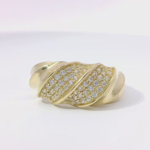 14KT Gold Ring Women's Abstract Twisted Ribbon with Two White CZ Stones Center Sections and Plain Band