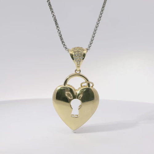 14KT Gold Charm Medium Flat Back Lock and Key Puff Heart with White CZ Edge and Bell