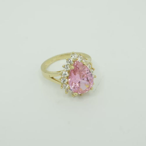 14KT Gold Ring Women's Jumbo Pear Pink Center with Round White CZ Stones Border Plain Split Band