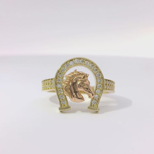 14KT Gold Ring Women's Two Tone Plain Horsehead Portrait with White CZ Stones Horseshoe Border and Band