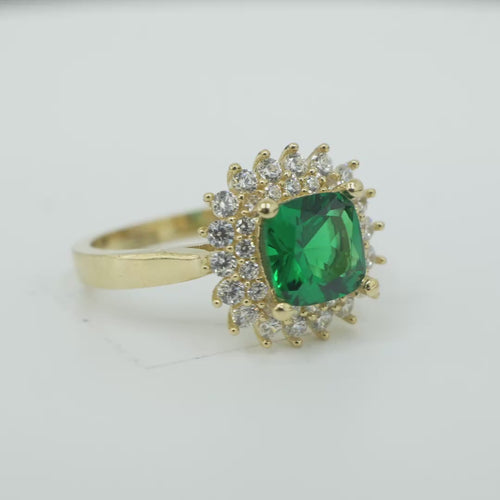 14KT Gold Ring Women's Square Dark Green Center Double Round White CZ Border Plain Band