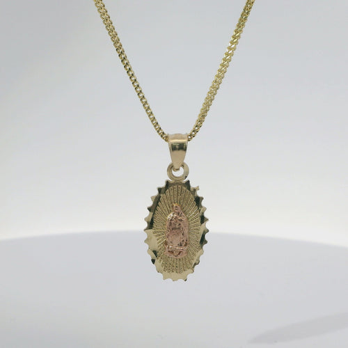 14KT Gold Charm Small Two Tone Spiked Oval Virgin Mary Coin with Diamond Cut Edge and Plain Bell