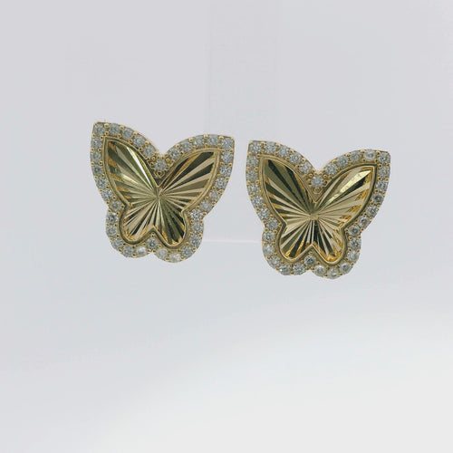 14KT Gold Earrings Medium Sunray Butterfly with White CZ Stones, Push Back Post and Butterfly Backs