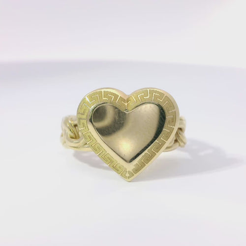 14KT Gold Ring Women's Engravable Heart with Greek Border and Chino Link Band