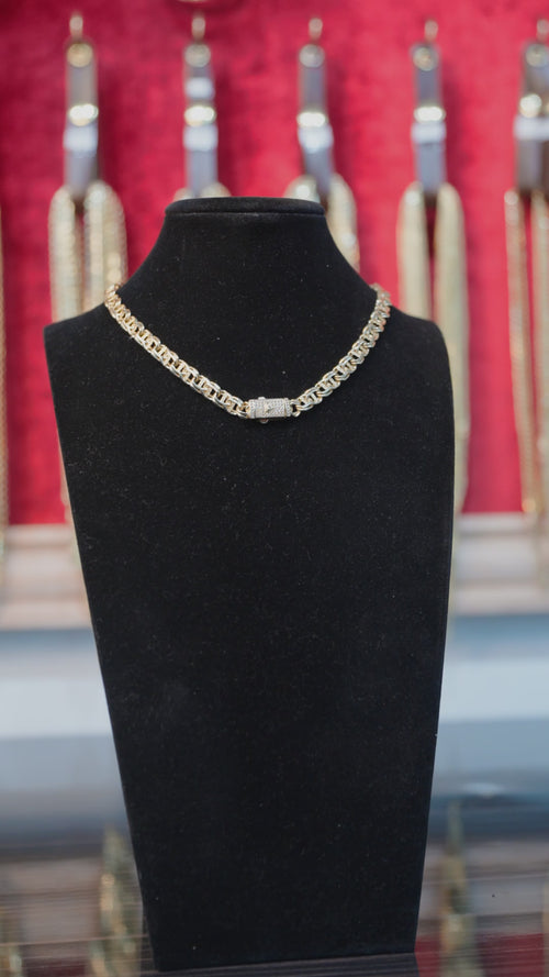 14KT Gold Chain Hollow Crown Greek Chino Link with White CZ Stones Plain Diamond Shape Emblem on Designer Style Lock 6.5mm