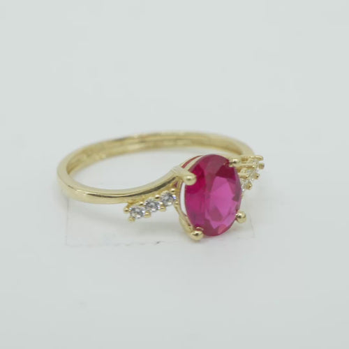 14KT Gold Ring Women's Red Oval Center CZ Stone with 3 High/Low Round White CZ Stones Shoulders and Plain Band