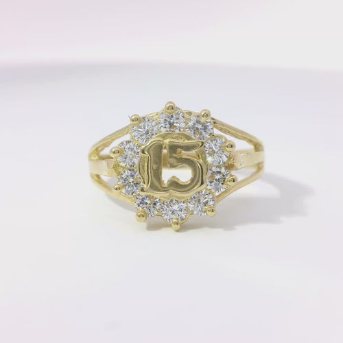 14KT Gold Ring Women's Mini Round Quincenaera "15" Center with White CZ Stone Border with Plain Double Split Band