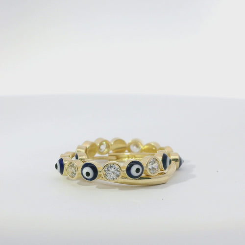 14KT Gold Earring Medium White CZ Stones Round Navy Blue Evil Eye Center with White and Navy Blue CZ Stones Border Huggie
