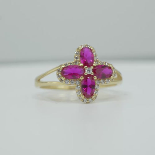 14KT Gold Ring Women's Jumbo Four Petal Flower Dark Pink Petals with White CZ Center Stone and Border Plain Split Band